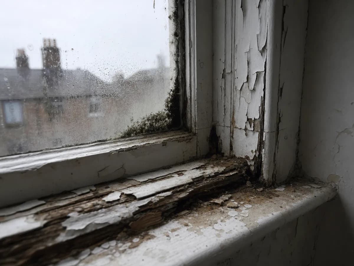 A rotting wooden window frame with peeling paint and a decayed sill